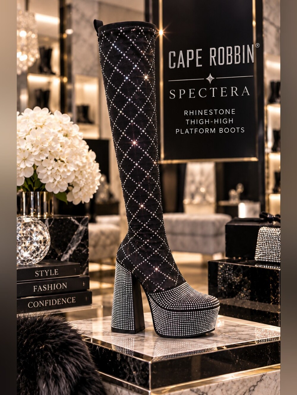 Cape Robbin Spectera Rhinestone Thigh-High Platform Boots – Size 10 – NIB